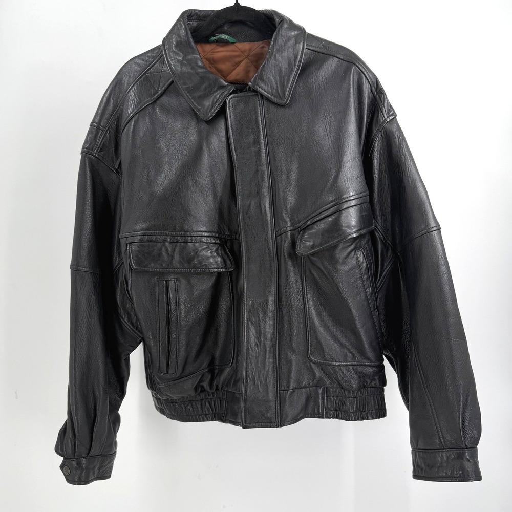 Vtg Field & Stream Leather Aviator Bomber Jacket Lg Black Quilted Line Biker 90s